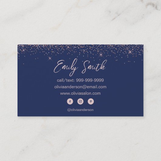 Navy Blue Roos Gold Blush Pink Glitter Visitekaartje (Achterkant)