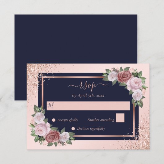 Navy Blue Roos Gold Blush Roze Bloemen Huwelijk RSVP Kaartje (Voorkant / Achterkant)