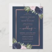 Navy Blue Roos Gold Blush Wedding Invitations Kaart (Voorkant)