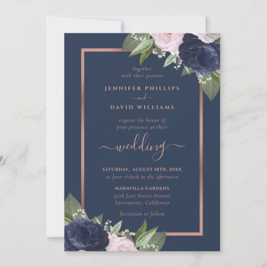 Navy Blue Roos Gold Blush Wedding Invitations Kaart (Voorkant)
