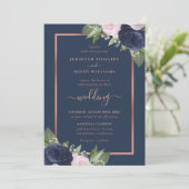 Navy Blue Roos Gold Blush Wedding Invitations Kaart (Staand voorkant)