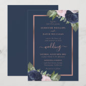 Navy Blue Roos Gold Blush Wedding Invitations Kaart (Voorkant / Achterkant)