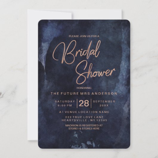 Navy Blue & Roos Gold Bridal Shower Invitation Kaart (Voorkant)