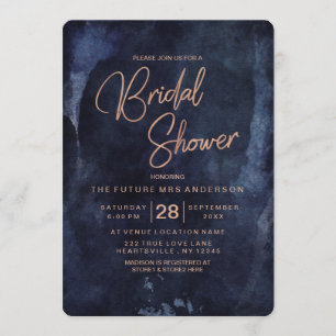 Navy Blue & Roos Gold Bridal Shower Invitation Kaart