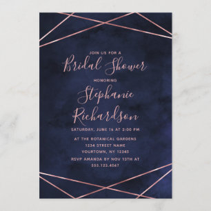 Navy Blue & Roos Gold Bridal Shower Invitation Kaart