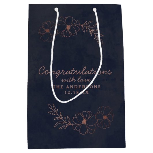 Navy Blue & Roos Gold Chic Gefeliciteerd Bruiloft Medium Cadeauzakje (Voorkant)