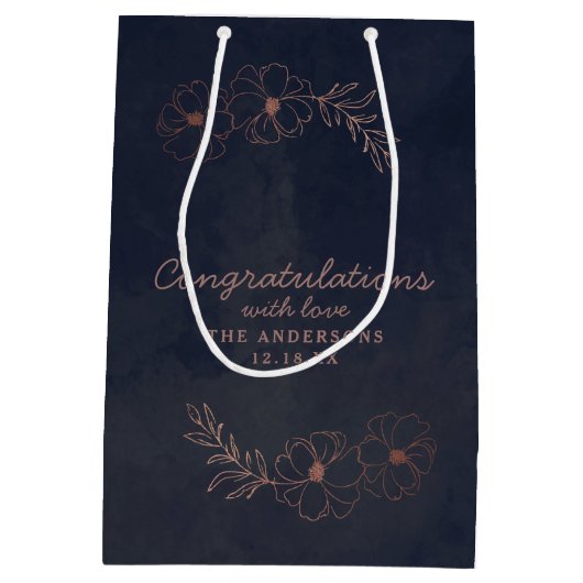 Navy Blue & Roos Gold Chic Gefeliciteerd Bruiloft Medium Cadeauzakje (Achterkant)