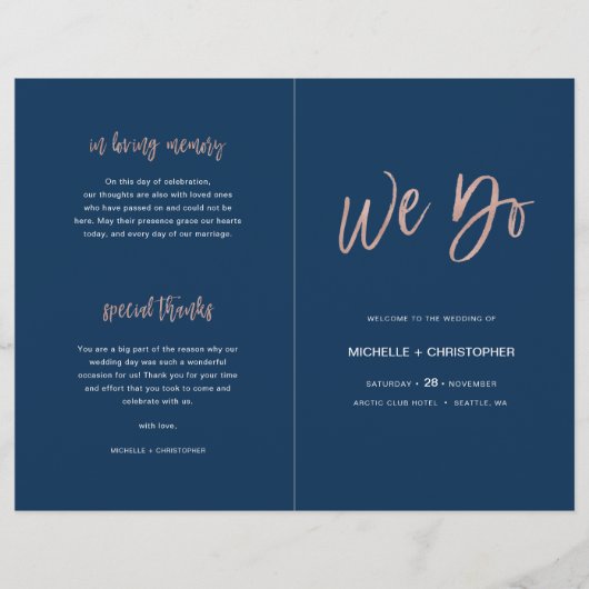 Navy Blue & Roos Gold Chic Wedding Program Booklet (Voorkant)