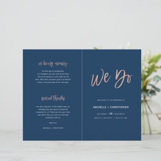 Navy Blue & Roos Gold Chic Wedding Program Booklet (Staand voorkant)