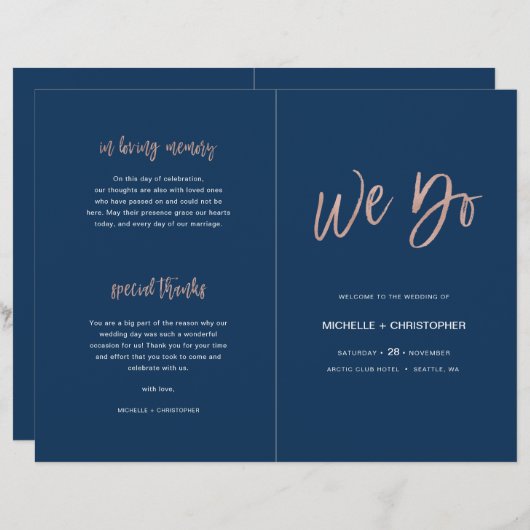 Navy Blue & Roos Gold Chic Wedding Program Booklet (Voorkant / Achterkant)