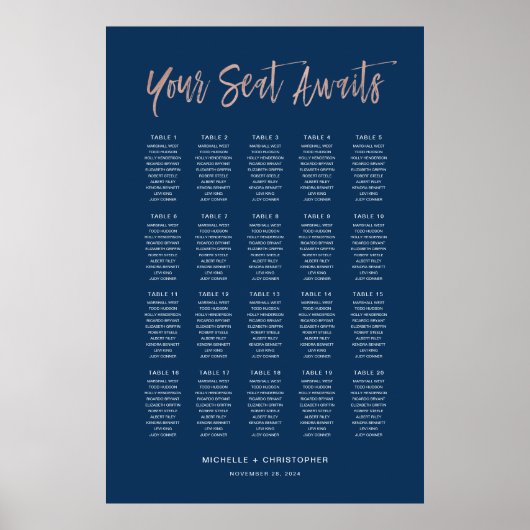 Navy Blue & Roos Gold Chic Wedding Seating Chart Poster (Voorkant)