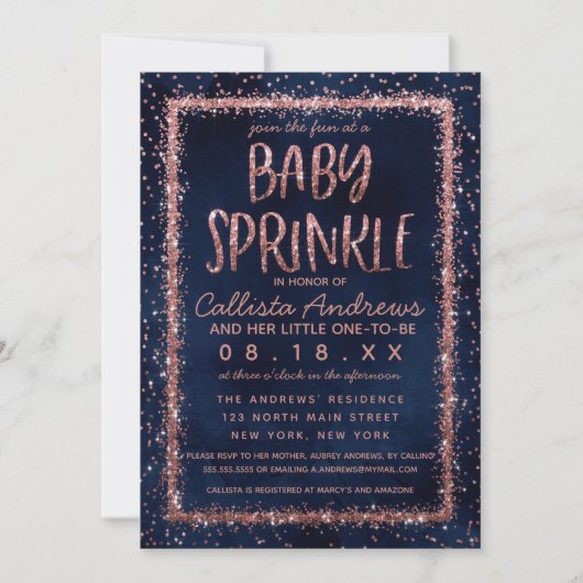 Navy Blue Roos Gold Confetti Baby Sprinkle Shower Kaart (Voorkant)