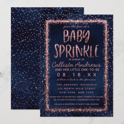 Navy Blue Roos Gold Confetti Baby Sprinkle Shower Kaart (Voorkant / Achterkant)
