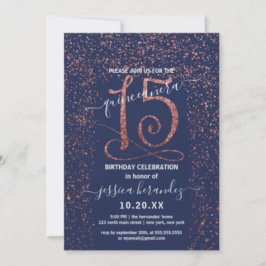 Navy Blue Roos Gold Confetti Border Quinceañera Kaart (Voorkant)