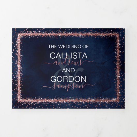 Navy Blue Roos Gold Confetti Registry Details RSVP Drieluik Uitnodiging (Cover)
