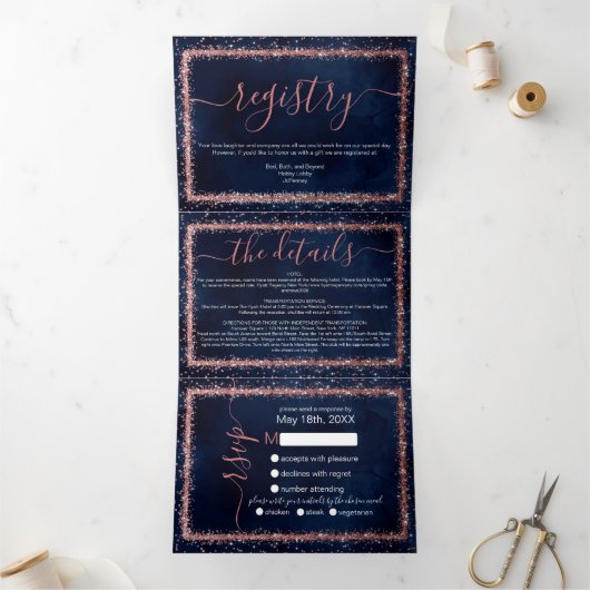 Navy Blue Roos Gold Confetti Registry Details RSVP Drieluik Uitnodiging (Binnen)