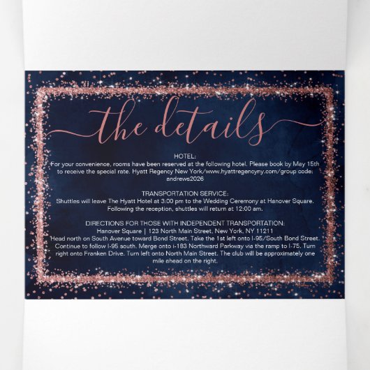 Navy Blue Roos Gold Confetti Registry Details RSVP Drieluik Uitnodiging (Binnenkant midden)