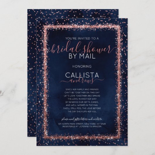 Navy Blue Roos Gold Confetti Vrijgezellenfeest per Kaart (Voorkant / Achterkant)