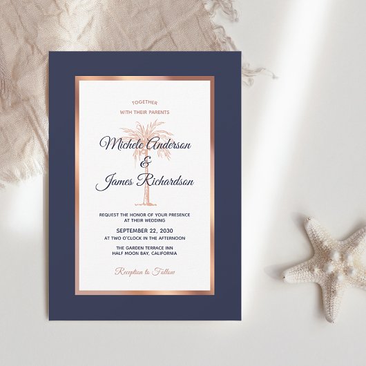 Navy Blue Roos Gold Copper Palm Tree Beach Weddens Kaart