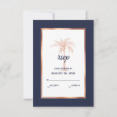 Navy Blue Roos Gold Copper Palm Tree Beach Weddens RSVP Kaartje (Voorkant)