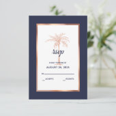 Navy Blue Roos Gold Copper Palm Tree Beach Weddens RSVP Kaartje (Staand voorkant)