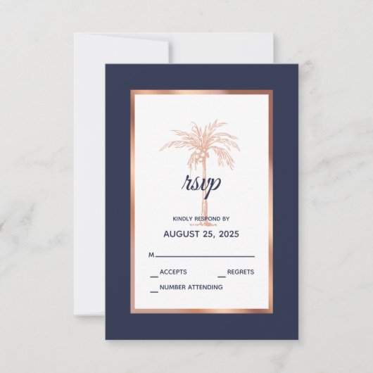 Navy Blue Roos Gold Copper Palm Tree Beach Weddens RSVP Kaartje (Voorkant)