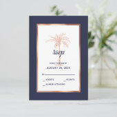 Navy Blue Roos Gold Copper Palm Tree Beach Weddens RSVP Kaartje (Staand voorkant)