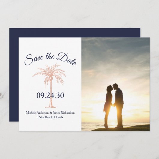 Navy Blue Roos Gold Copper Palm Tree Weddenfoto Save The Date (Voorkant / Achterkant)