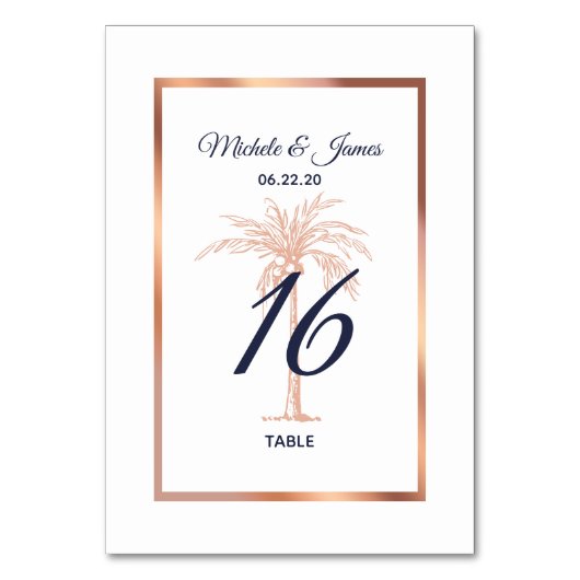 Navy Blue Roos Gold Copper Palm Tree Weddenschap Kaart (Voorkant)