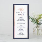 Navy Blue Roos Gold Copper Palm Tree Weddenschap Menu (Staand voorkant)