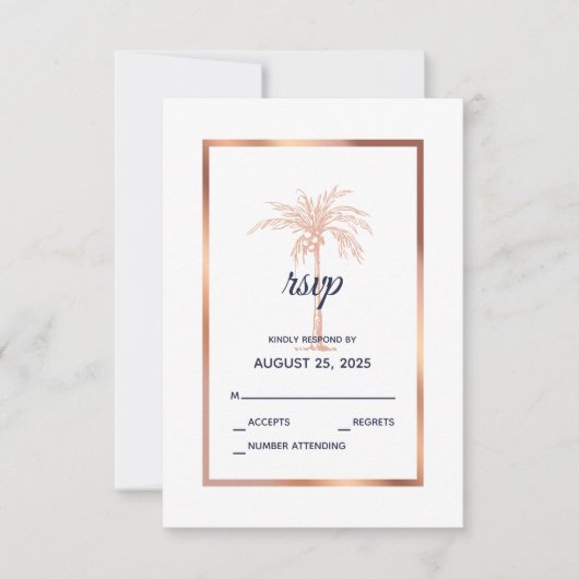 Navy Blue Roos Gold Copper Palm Tree Weddenschap RSVP Kaartje (Voorkant)
