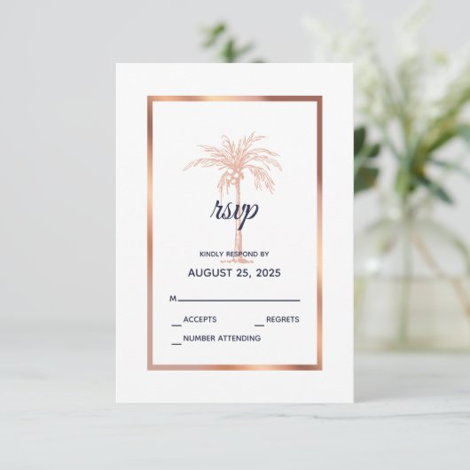 Navy Blue Roos Gold Copper Palm Tree Weddenschap RSVP Kaartje (Staand voorkant)