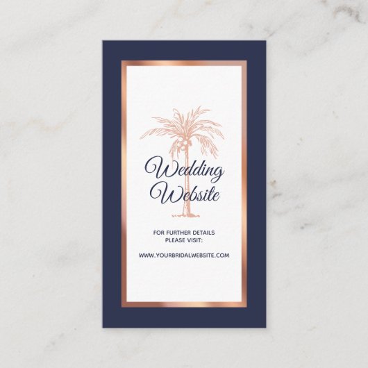 Navy Blue Roos Gold Copper Palm Wedding Website Informatiekaartje (Voorkant)