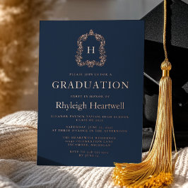 Navy Blue Roos Gold Crest Graduation Party Folie Uitnodiging