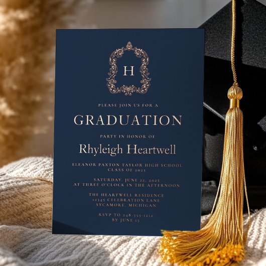 Navy Blue Roos Gold Crest Graduation Party Folie Uitnodiging