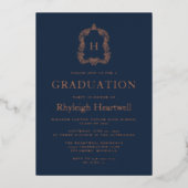 Navy Blue Roos Gold Crest Graduation Party Folie Uitnodiging (Voorkant)