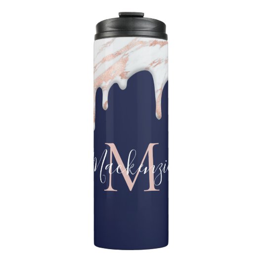 Navy Blue Roos Gold Driving Marble Monogram Thermosbeker (Voorkant)