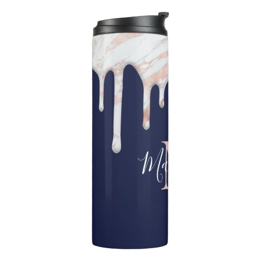 Navy Blue Roos Gold Driving Marble Monogram Thermosbeker (Gedraaid links)