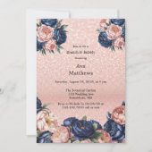 Navy Blue & Roos Gold Floral Brunch en Bubbly Kaart (Voorkant)