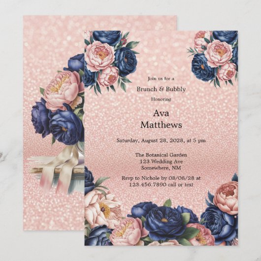 Navy Blue & Roos Gold Floral Brunch en Bubbly Kaart (Voorkant / Achterkant)