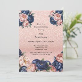 Navy Blue & Roos Gold Floral Brunch en Bubbly Kaart
