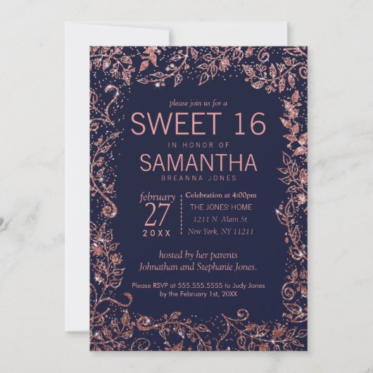 Navy Blue Roos Gold Floral Glitter Sweet 16 Kaart (Voorkant)
