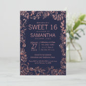 Navy Blue Roos Gold Floral Glitter Sweet 16 Kaart (Staand voorkant)