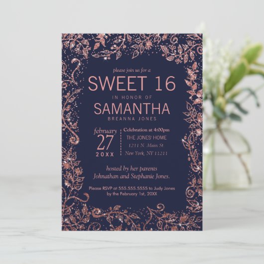 Navy Blue Roos Gold Floral Glitter Sweet 16 Kaart (Staand voorkant)