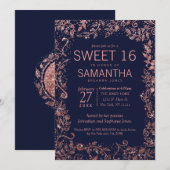 Navy Blue Roos Gold Floral Glitter Sweet 16 Kaart (Voorkant / Achterkant)