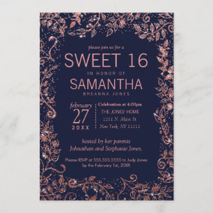 Navy Blue Roos Gold Floral Glitter Sweet 16 Kaart
