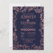 Navy Blue Roos Gold Floral Glitter Wedding Kaart (Voorkant)