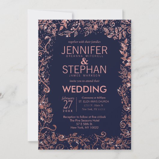 Navy Blue Roos Gold Floral Glitter Wedding Kaart (Voorkant)