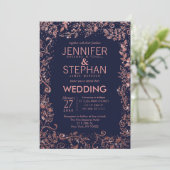 Navy Blue Roos Gold Floral Glitter Wedding Kaart (Staand voorkant)