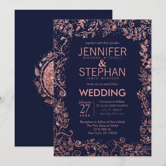 Navy Blue Roos Gold Floral Glitter Wedding Kaart (Voorkant / Achterkant)